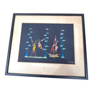 Vintage African Art Print Signed Framed & Matted Hunter Antelope Fisherman 16x14